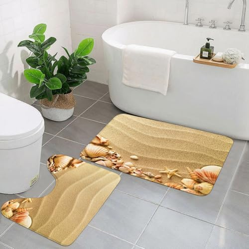 EYLOZS Badezimmerteppich Set 2 Teilig Waschbar rutschfeste Badematte Toilettenmatte Weich Saugfähige Badteppiche,Beige, nautischer Strand, Tropische hawaiianische Muscheln, Seestern, Austern, männlic