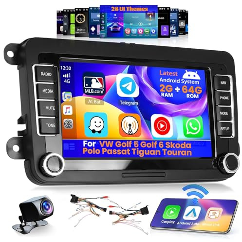 Inefala 7 Inch Autoradio Android för VW Golf 5 Golf 6 Sko-da Polo Passat Tiguan Tou-ran 2 DIN Skärm (2 + 64GB) med trådlöst CarPlay Android Auto FM RDS GPS Bluetooth WiFi Steering Wheel Commands
