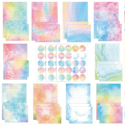 KARLOR Briefpapier-Set mit Umschlägen und Aufklebern, 160 Schreibpapier, Bunt, Liniert, Aquarell-Motiv, Zeitgenössisch, Weiß mit bunten Designs
