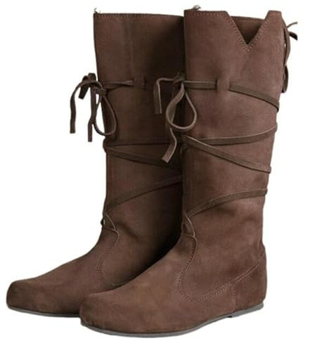 Helltaker Renaissance-Stiefel für Herren, Mittelalter-Stiefel, Cosplay, Halloween, Wikinger, Pirat, Steampunk, Reitstiefel, lange Stiefel, Braun, 46.5 EU