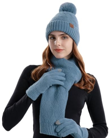 Anevous 3 in 1 Winter Mütze Schal und Handschuh Set für Damen,Beanie Mütze mit Bommel Fleece Gefütterte, Touchscreen Handschuhe Mütze Winterschal, Lang Schal Handschuhe Strickmütze Set,Blau