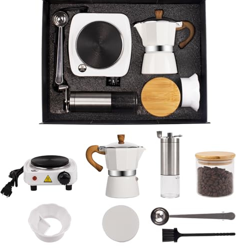 DITOSH 7-in-1 Moka Pot Espresso Set with Electric Stove 3 Cup Aluminum Stovetop Coffee Maker Percolator Italian Classic Mocha Coffee Machine with Hand Grinder Sealing Canister Spoon Portable Camping