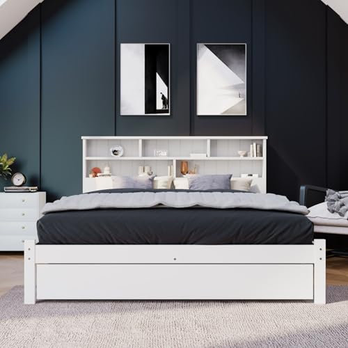 WEALTHKING Massivholz Bett mit Bücherregal-Kopfteil und Schubladen, Stauraumbett mit Lattenrost, Bettgestell aus Kiefernholz, platzsparendes für Schlafzimmer (Weiß,140X200cm)