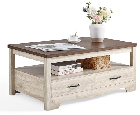 LINSY HOME Couchtisch im Landhausstil mit Stauraum, Couchtische aus Holz für das Wohnzimmer, offener Ausstellungsbereich und Schubladen mit Metallgriffen, schicker Stil mit geschwungener Basis