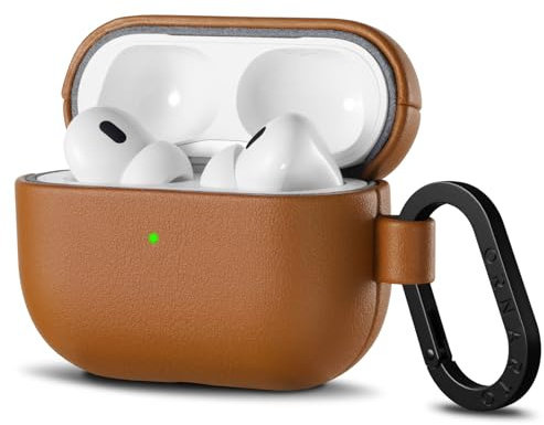 ORNARTO für AirPods Pro 2/1 Hülle Leder mit Karabiner, Lederhülle für AirPods Pro Gen. 2 und 1, LED sichtbar, kompatibel mit Version 2019/2022/2023 - Braun