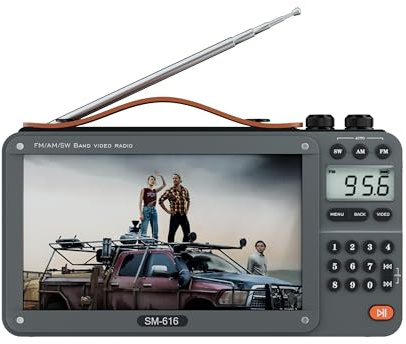 720P 7 Inch FM AM Movie Video Radio with Bluetooth Speaker, Rechargeable Digital Shortwave Radio MP3 MP4, Support USB/Micro SD Card, Speaker and Headphone Jack