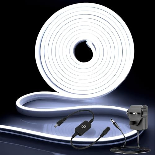 iNextStation White LED Strip Lights 5M, Dimmable Waterproof 12V with Plug | Outdoor Cuttable Flexible Neon Rope Light Kit for Bedroom TV Backlight Mirror Kitchen Cabinet Ceiling Bookcase Wall DIY