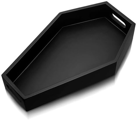Coffin Tray, Wooden Gothic Black Coffin Halloween Serving Tray 13x8.6x2.4 In, Spooky Creepy Decorative Desktop -Shape Shelf for Food, Makeup, Perfume, Jewelry