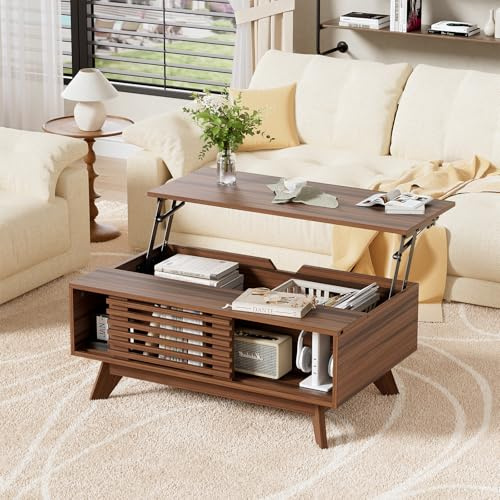 MSFE Couchtisch Höhenverstellbar, Wohnzimmertisch mit Stauraum und Schiebetür, Platte Kaffeetisch mit Hubplatt, Mid-Century Couchtisch für Wohnzimmer, Büro, Vintage Braun