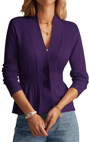 GRACE KARIN Långärmad cardigan för kvinnor V-ringad, beskuren cardigan med stickad midja kappa, Mörklila, L