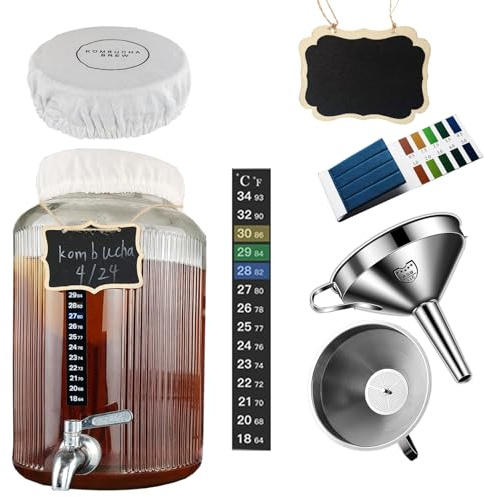 Lomejii Kit de Démarrage Kombucha et Jun avec Bocal en Verre 5,5L, Robinet Inox, Accessoires de Fermentation Continue, Bandelettes pH, Thermomètre, Housse, Entonnoir et Filtres