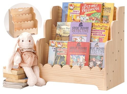Kids Bookshelf Storage 3-Tier, Book Case for Kids Rooms, Scalloped Wooden Montessori Bookcase for Toddlers & Baby, Small Nursery & Classroom Book Shelves, Solid Wood Organizer