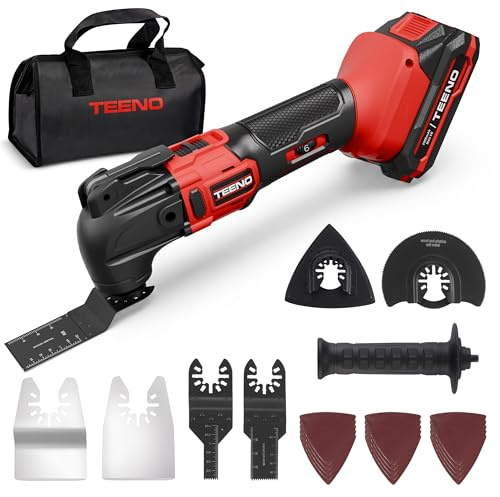 TEENO Cordless Oscillating Tool,Multifunction Oscillating Multi Tool with 20V 2.0Ah Lithium-Ion,8500-21000 RPM,6 Variable Speed,4° Oscillation Angle,for Sawing, Cutting, Sanding