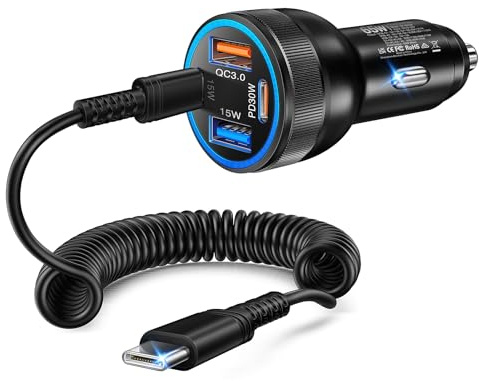 USB C Zigarettenanzünder, 65W 4-Port Auto Ladegerät mit 1.2m Typ C Kabel | PD/QC 3.0 Schnellladeadapter Kompakt KFZ Ladegerät Multiport für iPhone 17/16/15 Pro Max, iPad Pro/Air, Galaxy S25/S24/S23