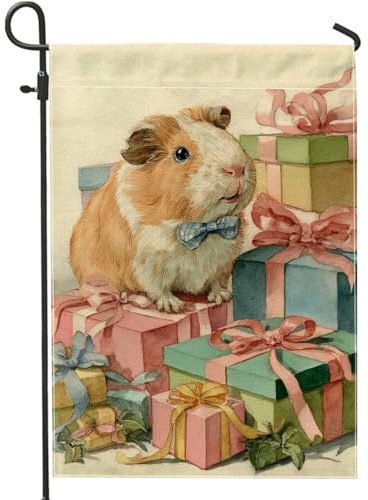 Drapeau de jardin cochons d'Inde, rubans fantaisie festifs pour boîtes cadeaux de Noël, couleur pastel, pêche, toile de jute double face, petit drapeau de jardin pour extérieur, terrasse, pelouse