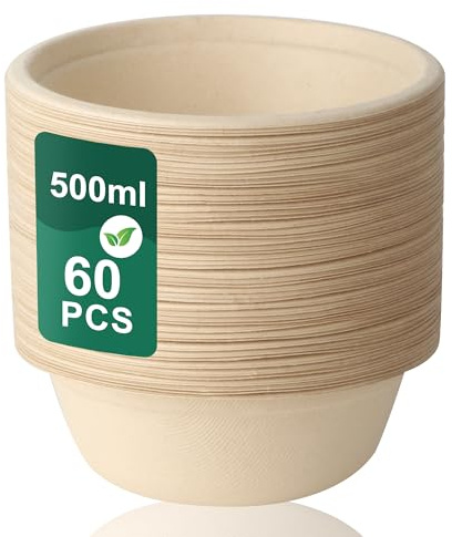 LIAILA Einwegpapierschalen Zuckerrohr 500 ml, 60 Stück | Biologisch abbaubar, Kompostierbar, Suppenschalen, Braun, Ideal für Partys und Picknicks
