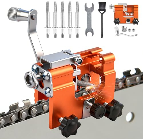 Kettensäge Schärfgerät, Tragbar Kettenschärfgerät Handkurbeln, Sägekettenschärfgerät Kit mit 5 Schleifköpfen für Alle Arten von Kettensägen, Kettenschärfer für 4-22 Kettensäge