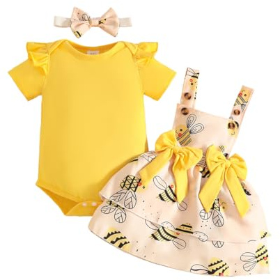 JENJON Neonata Bambina Gonne Set Manica Corta/Lunga con Stampa a Cuore Top + Regolabile Bretelle Abito + Fascia per Capelli Abiti 3Pcs Completo