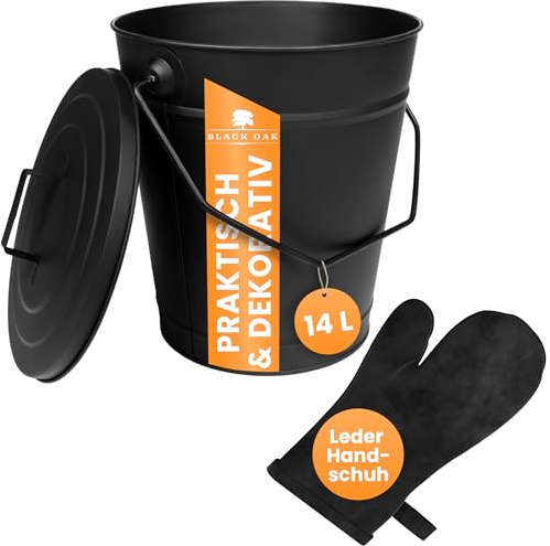 BLACK OAK Ascheeimer ETNA 14L mit Lederhandschuh – schwarz rund mit Deckel | - groß 14 Liter - Stahl feuerfest verzinkt & pulverbeschichtet Asche & Kohle Eimer ideales Zubehör für Kachelofen Holzofen