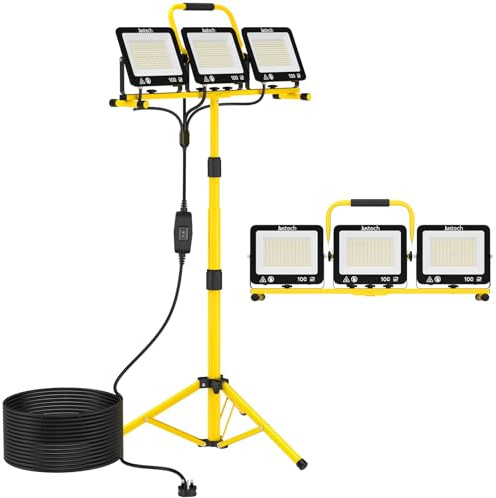 Justech Foco LED 3x 100W,Foco de Trabajo 27000LM con Trípode Telescópico y Cable de 5M,IP66 Impermeable,Luz de Trabajo 3000K/5000K/6000K para Obras