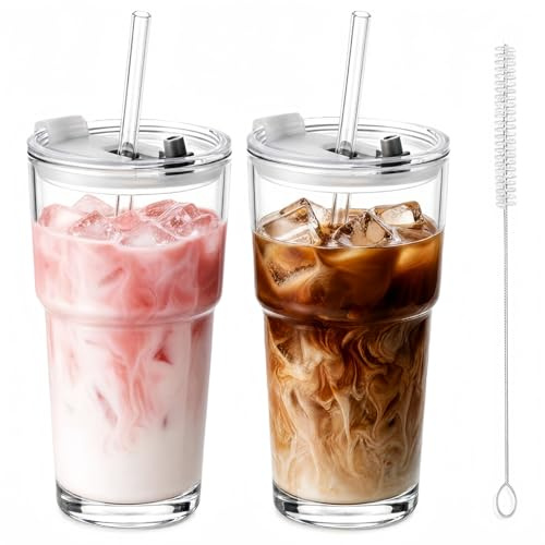 2 Pack -600ml Clear Glass Cup with Lids and Straws, Reusable Iced Coffee Cup Tumbler, Iced Coffee Cup Tumbler, Leakproof Glass Cups, for Iced Coffee, Cocktail, Tea, Iced Latte, Matcha (2Pack-600ml)