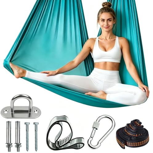 Aerial Yoga Hängematte Set 280 x 150 cm, Yoga-Hängstuhl-Schaukel, Aerial Yo-ga Swing Air Fliegen, 200 Kg Max, Nestschaukel mit Karabiner, Befestigung, Nägel & Zubehör für Übungen & Freizeit