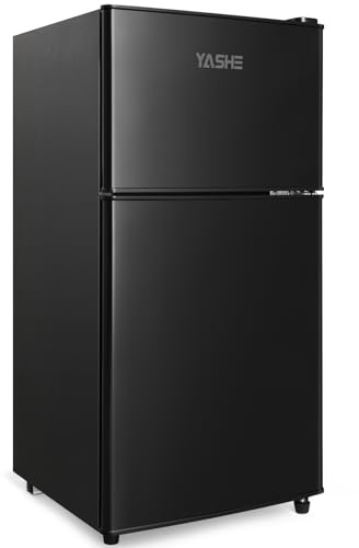 YASHE 86L Capacity Mini Fridge with Freezer - Small Fridge, Under Counter Fridge, Double Door Refrigerator with 7 Settings Adjustable Thermostat, for Apartment, Bedroom, Dorm and Office, Black