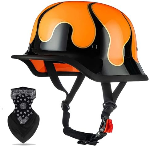 Casco Moto Mezza Scodella Fiamme Custom, Stile Tedesco M35 Hot Rod con Maschera, Omologato ECE 22.06, Calotta Anti-Fungo per Cruiser Bobber