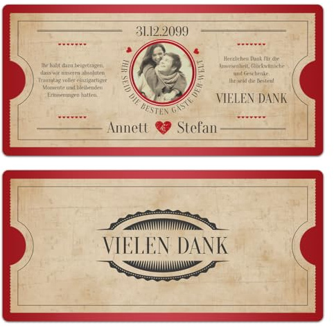 Kartenmachen.de Foto Danksagungskarten personalisiert - Vintage Herz in Rot (ab 10 Stück, Menge wählbar) - Retro Dankeskarten Danksagung