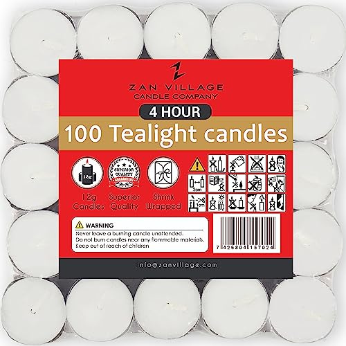 Zan Village Homeware Candele tealight, 4 ore di durata, 12 g, confezione da 100 pezzi sigillata con pellicola termoretraibile