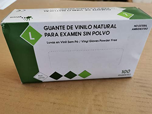 Guantes de Vinilo PVC Sin Polvo MAX GLOVES Desechables Especial Alérgicos Látex - 4,5 gr - Color Natural - 100 unidades (L (Grande))