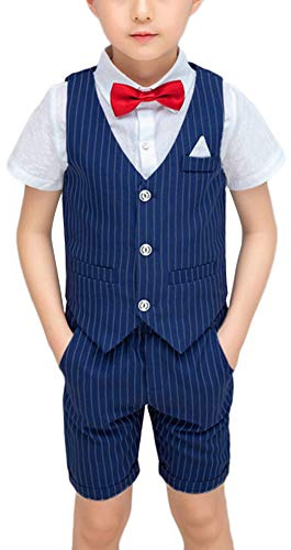 GUOCU Kinder Anzug Set Jungen Hochzeit Sommer Festlich Weste Anzüge Bekleidungssets Blau B 130CM