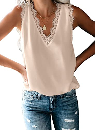 Uusollecy Camiseta Sin Mangas de Verano para Mujer Blusa de Chiffon con Encaje y Cuello en V Top Casual Lencero,Albaricoque,L