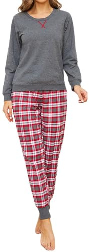 Mnemo Pyjama Femme Ensemble Pyjama a Carreaux Pyjama Coton Femme Carreaux Pyjama Femme Coton Manches Longues, Gris/Rouge, S