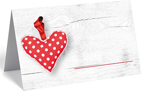 50 edle Premium-Tischkarten --18 Motive zur Auswahl -- Platzkarten 300mg - 5,5 x 8,5cm (eine Seite) - Namenskarten Namensschilder für Hochzeit Feier Taufe Kommunion (rotes Herz auf Holzbrett)