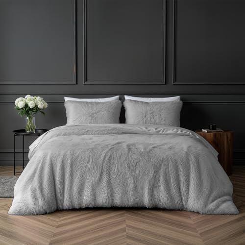 Sleepdown Luxuriöses Bettwäsche-Set mit langem Flor, Kunstfell, silberfarben, super weich, pflegeleicht, mit Kissenbezügen, Doppelbett (200 x 200 cm)