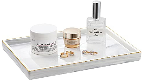 Shinowa Ceramic Vanity Tray, Bathroom Counter Tray Marble Finish Perfume Rectangle Decorative Organizer for Vanity Dresser Bathroom Countertop Living Room Kitchen, Large Size - Marble White