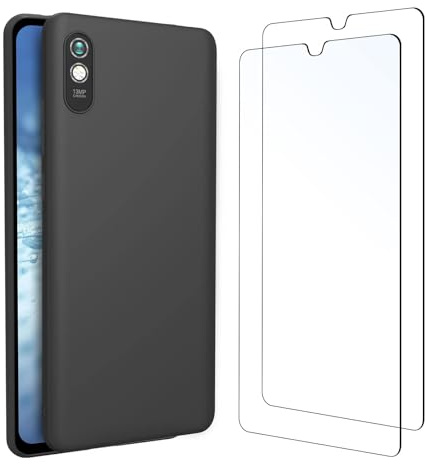 NEW'C Funda para Xiaomi Redmi 9A Carcasa Silicona Negra y 2X Protector de Pantalla para Xiaomi Redmi 9A Cristal Templado - Antiarañazos