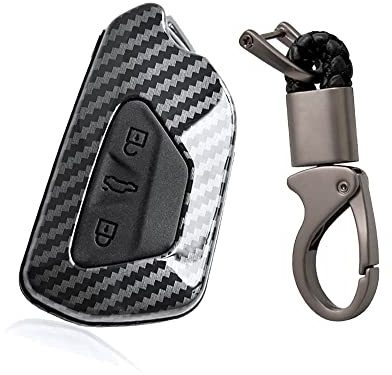 HIBEYO Smart Autoschlüssel Hülle passt für VW schlüsselhülle Case Silicone Schutzhülle für VW Golf 8 Seat Leon MK 4 Tarraco Ateca Skoda Octavia Carbon Design mit Schlüsselbund-Kohlefaser schwarz