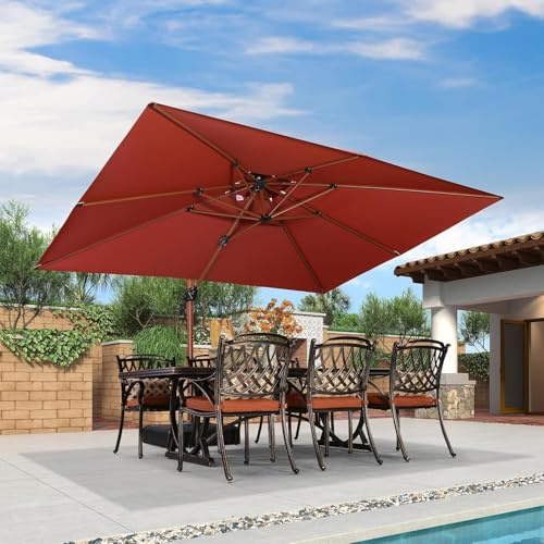 PURPLE LEAF Parasol De Jardin Extérieur, Parasol Déporté 2,7 x 3,65 m Rectangulaire, Grain de Bois en Aluminium, Toit à Double Rotatif 360°, Anti-UV, Pour Terrasses, Piscines, Patio, Rouge cardinal