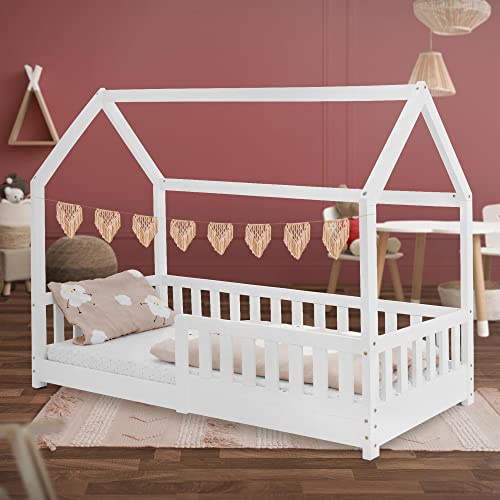 ML-Design Letto a Casetta per Bambini 80 x 160 cm Bianco, in Legno Massello, Struttura con Protezione Anticaduta, Tetto e Rete a Doghe, Lettino a Terra Montessori a Forma di Casa per Cameretta