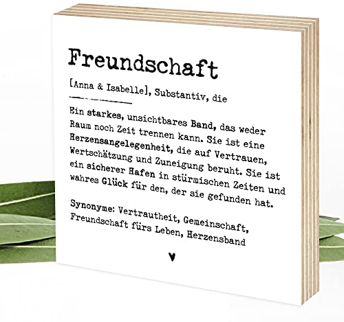 Wunderpixel® personalisiertes Holzbild Definition Freundschaft - 15x15x2cm zum Hinstellen/Aufhängen, echter Fotodruck mit Spruch auf Holz - schwarz-weißes Wand-Bild Aufsteller Zuhause zur Dekoration