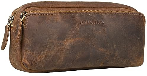 STILORD Melissa Federmäppchen Leder Groß Vintage mit Reißverschluss Stiftemappe Großes Etui Schule Uni Echtleder Kosmetiktasche für Damen und Herren Farbe:mittel - braun