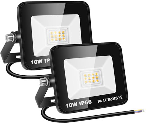 RIGIDON 2 Pcs Outdoor Flood LED Work Light, 10W 1000 Lumens Floodlight, Daylight Warm White Security Lights for Garden Yard Lawn Basketball Football Court Patio Landscape, IP66 Waterproof 3000K