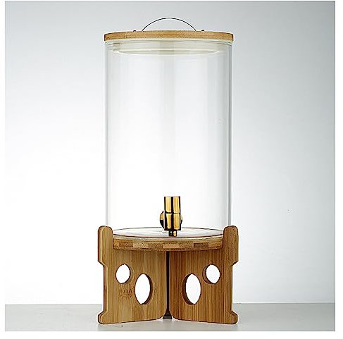 WYJRO Dispensador De Bebidas De Cristal,Dispensador De Bebidas De Vidrio con Grifo De Acero Inoxidable Y Tapa De Madera para Bebida Caliente O Fría - Garrafa De Agua,B(8L)