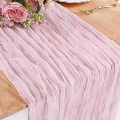 Kesfey 13FT Cheesecloth Table Runner 90x400cm Long Boho Rustic Gauze Table Runners Cheese Cloth for Wedding Party Bridal Baby Shower Birthday Dinner Table Holiday Decorations Pink