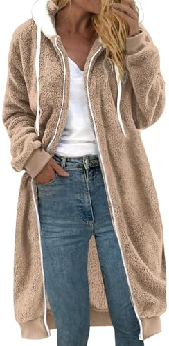 Fleecejacke Damen Lang Große Größen, Dicke Gefüttert Teddyfleece Jacke mit Kapuze Teddyjacke Flauschig Plüschjacke mit Reißverschluss und Taschen Kuscheljacke Frauen Winterjacke Cardigan Outwear