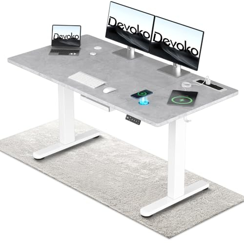 Devoko Höhenverstellbarer Schreibtisch 140x70 cm mit Steckdose & USB, Grau | Elektrisch Verstellbarer Computertisch mit Kabelloser Ladung & Memory-Funktion & Kabellmanagement – Ideal für Gaming & Büro