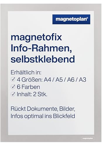 magnetoplan magnetofix Info-Rahmen selbstklebend, 2 Stk., Silber | A5 | Selbstklebender Magnet Bilderrahmen für Aushänge, Bilder und Dokumente