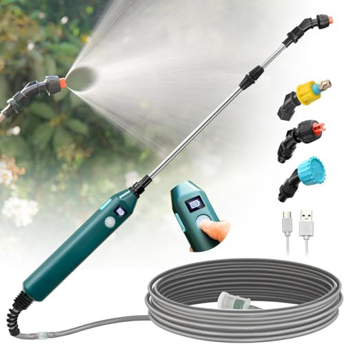 Kevsuvqin Akku Drucksprüher 5V/2400mAh, Elektrische Pflanzensprüher mit 3 Düsen & 5M Schlauch, USB-aufladbarem Griff mit Batterieanzeige und Teleskopstab, Gartenspritze für Bewässern, Unkrautspritze